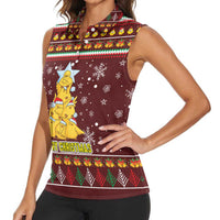 Merry Chickmas Christmas Women Sleeveless Polo Shirt with Yellow Chickens Tree Design and Snowflake Pattern - Wonder Print Shop