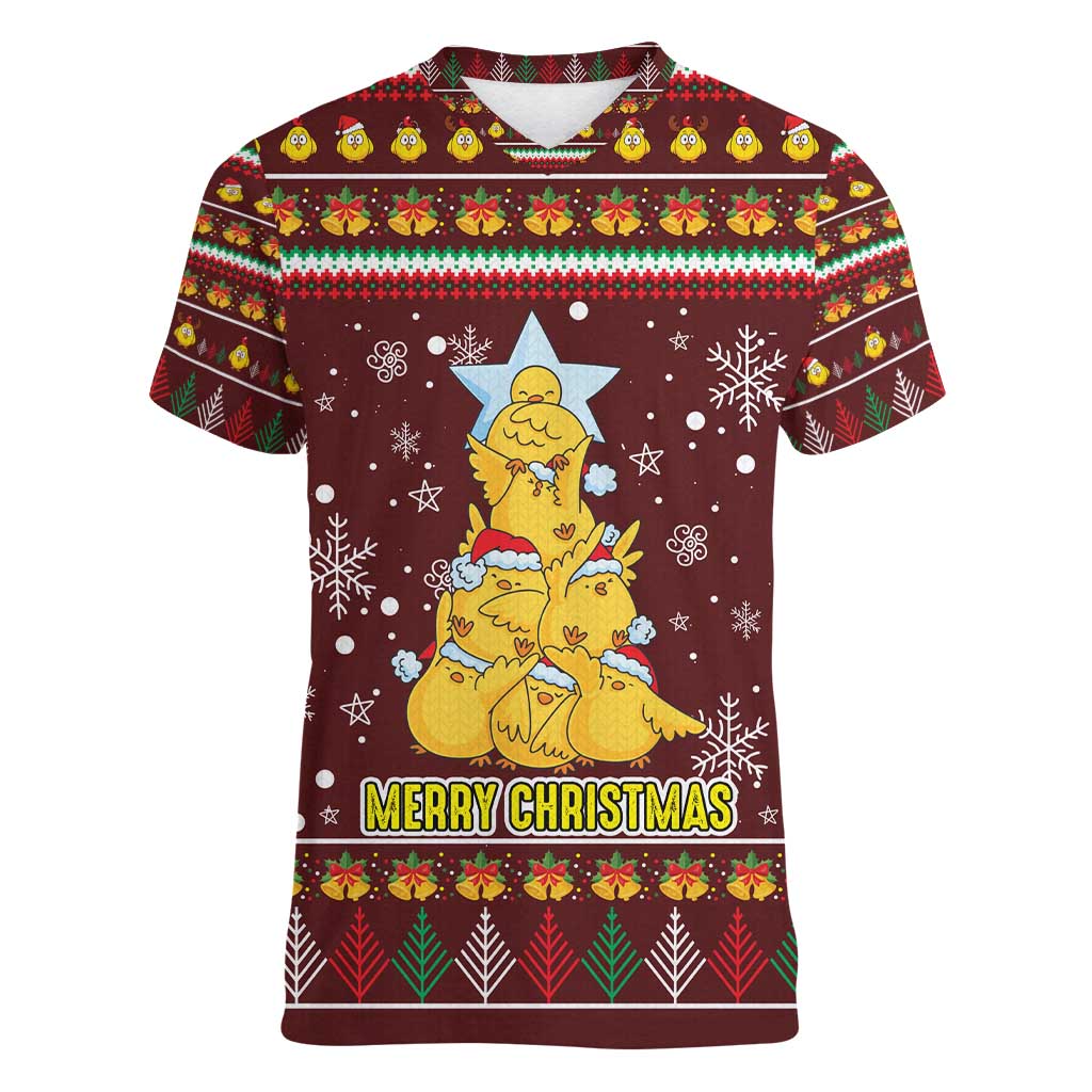 Merry Chickmas Christmas Women V-Neck T-Shirt with Yellow Chickens Tree Design and Snowflake Pattern - Wonder Print Shop