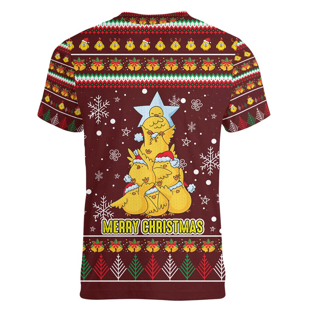 Merry Chickmas Christmas Women V-Neck T-Shirt with Yellow Chickens Tree Design and Snowflake Pattern - Wonder Print Shop