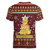 Merry Chickmas Christmas Women V-Neck T-Shirt with Yellow Chickens Tree Design and Snowflake Pattern - Wonder Print Shop