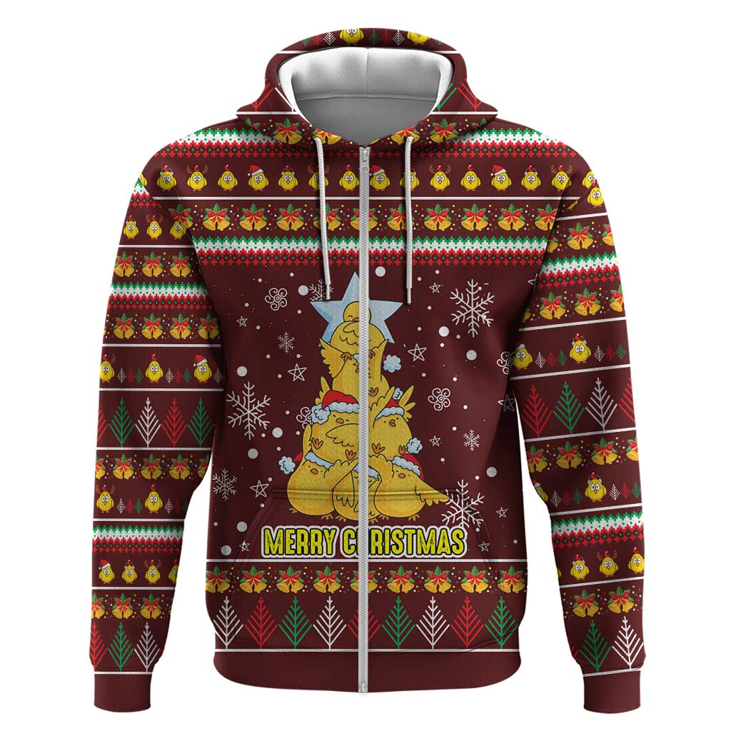 Merry Chickmas Christmas Zip Hoodie with Yellow Chickens Tree Design and Snowflake Pattern - Wonder Print Shop