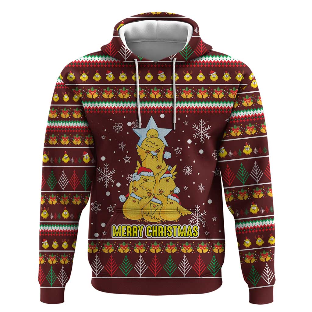 Merry Chickmas Christmas Zip Hoodie with Yellow Chickens Tree Design and Snowflake Pattern - Wonder Print Shop