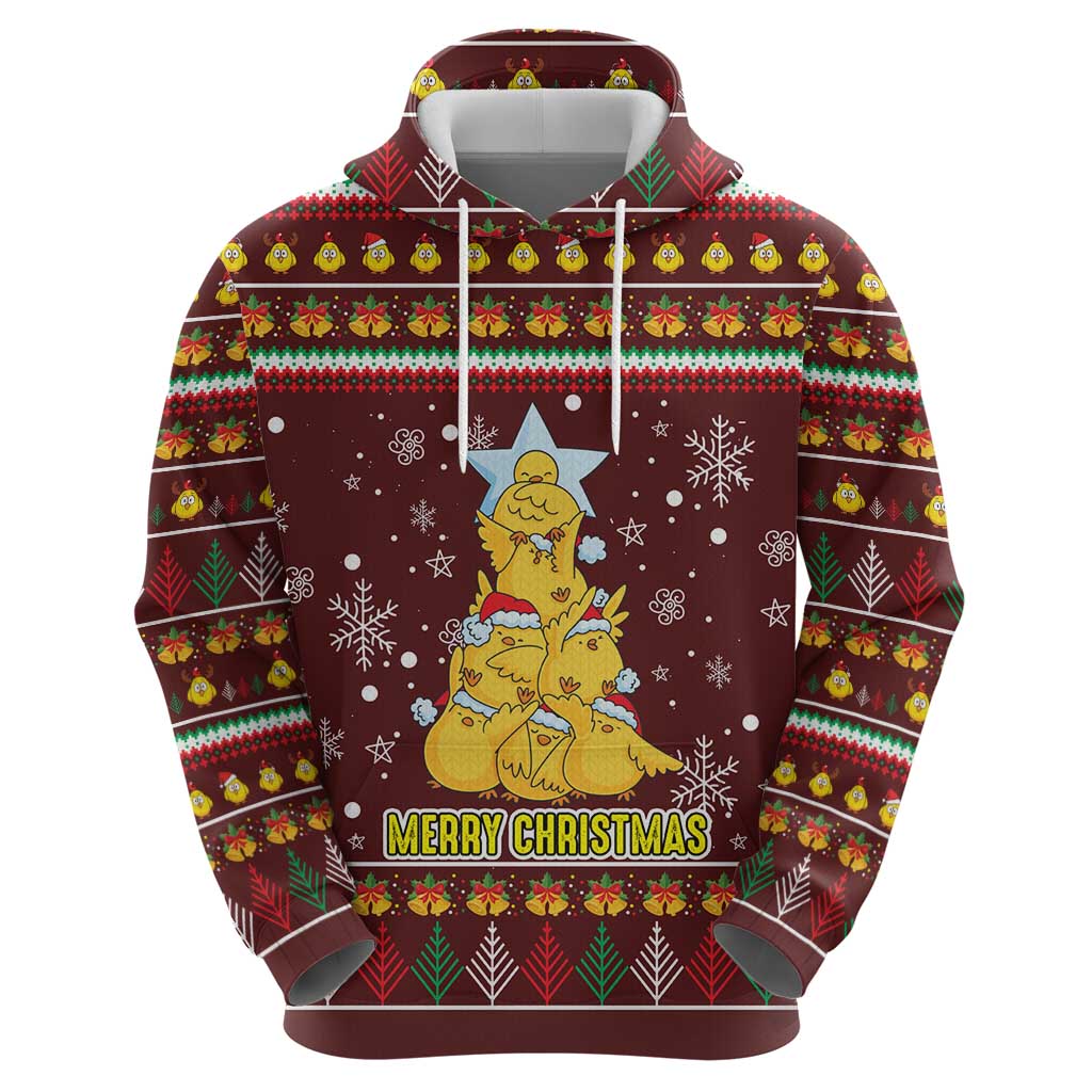 Merry Chickmas Christmas Zip Hoodie with Yellow Chickens Tree Design and Snowflake Pattern - Wonder Print Shop