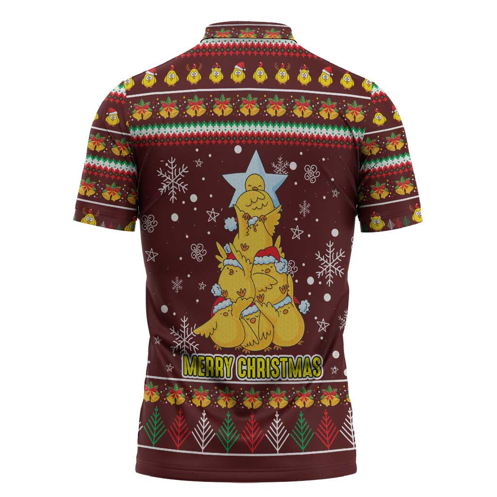 Merry Chickmas Christmas Zipper Polo Shirt with Yellow Chickens Tree Design and Snowflake Pattern - Wonder Print Shop