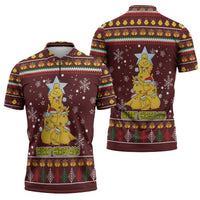 Merry Chickmas Christmas Zipper Polo Shirt with Yellow Chickens Tree Design and Snowflake Pattern - Wonder Print Shop