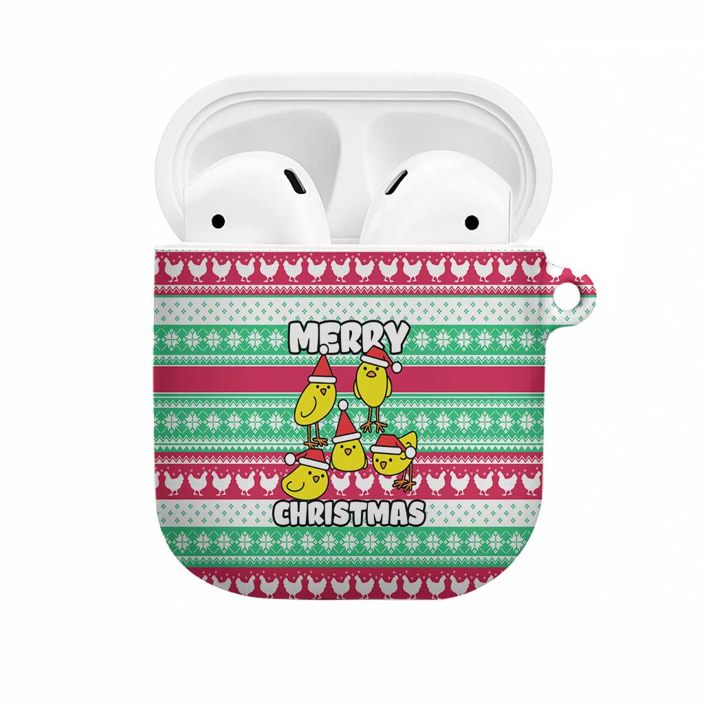 Merry Chickmas Christmas AirPods Case with Yellow Cartoon Birds in Santa Hats and Red Green Snowflake Pattern - Wonder Print Shop