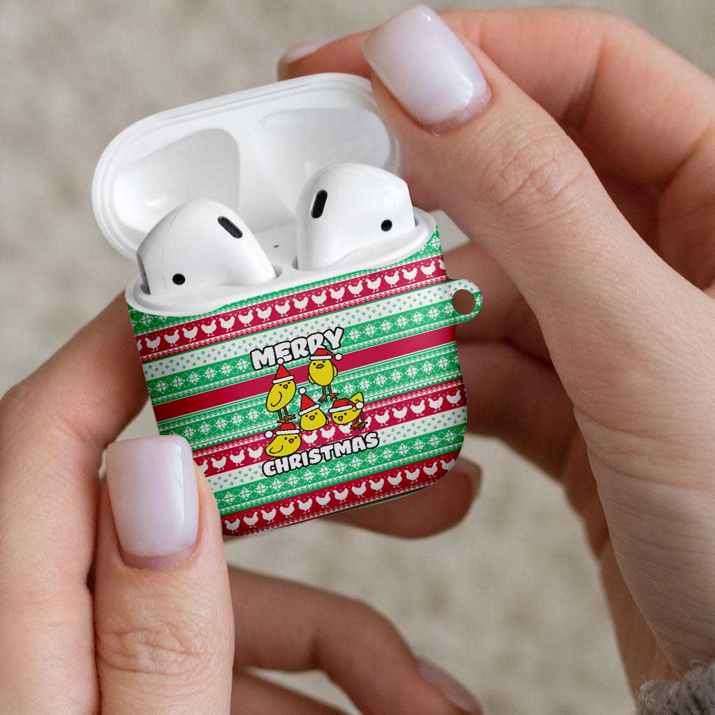 Merry Chickmas Christmas AirPods Case with Yellow Cartoon Birds in Santa Hats and Red Green Snowflake Pattern - Wonder Print Shop