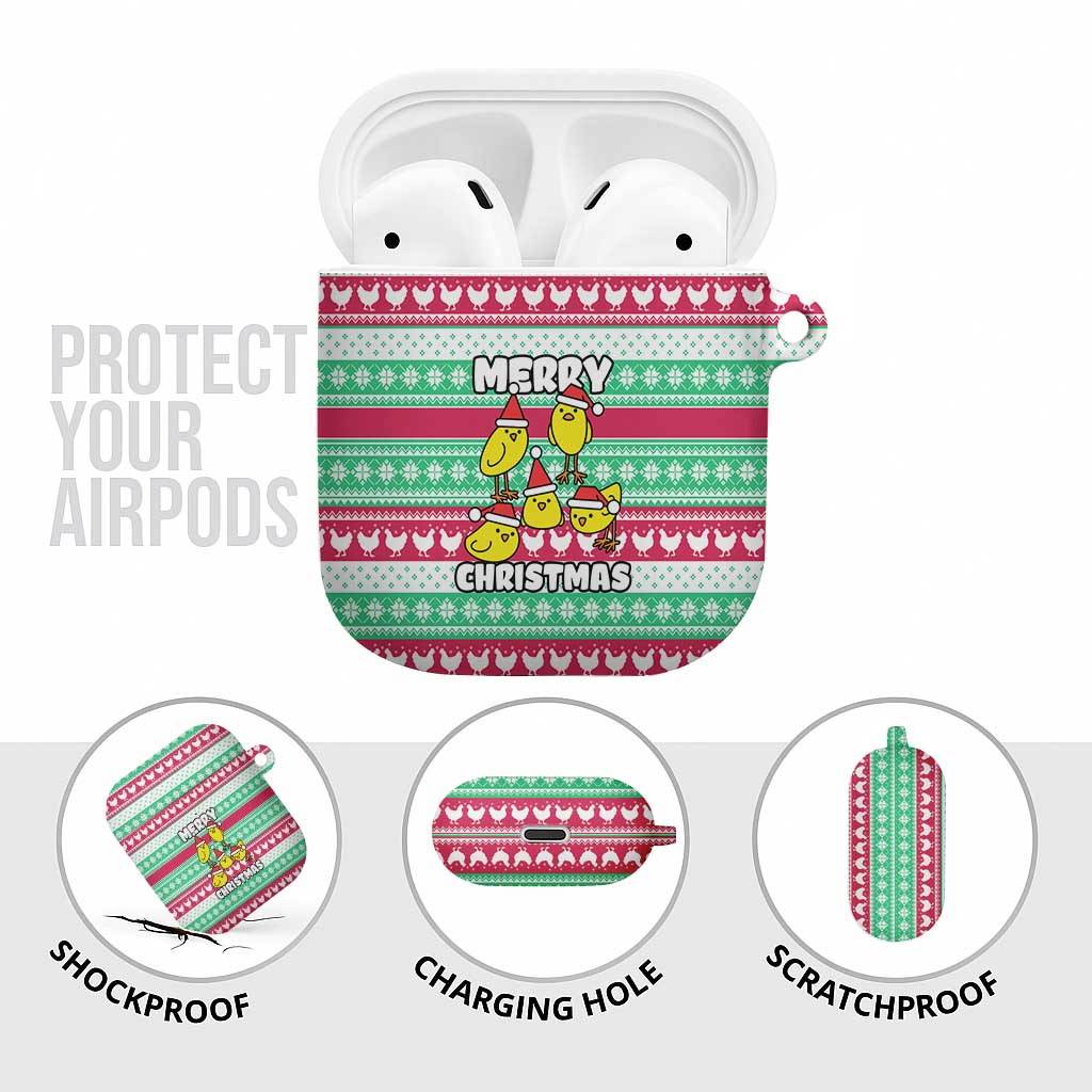 Merry Chickmas Christmas AirPods Case with Yellow Cartoon Birds in Santa Hats and Red Green Snowflake Pattern - Wonder Print Shop