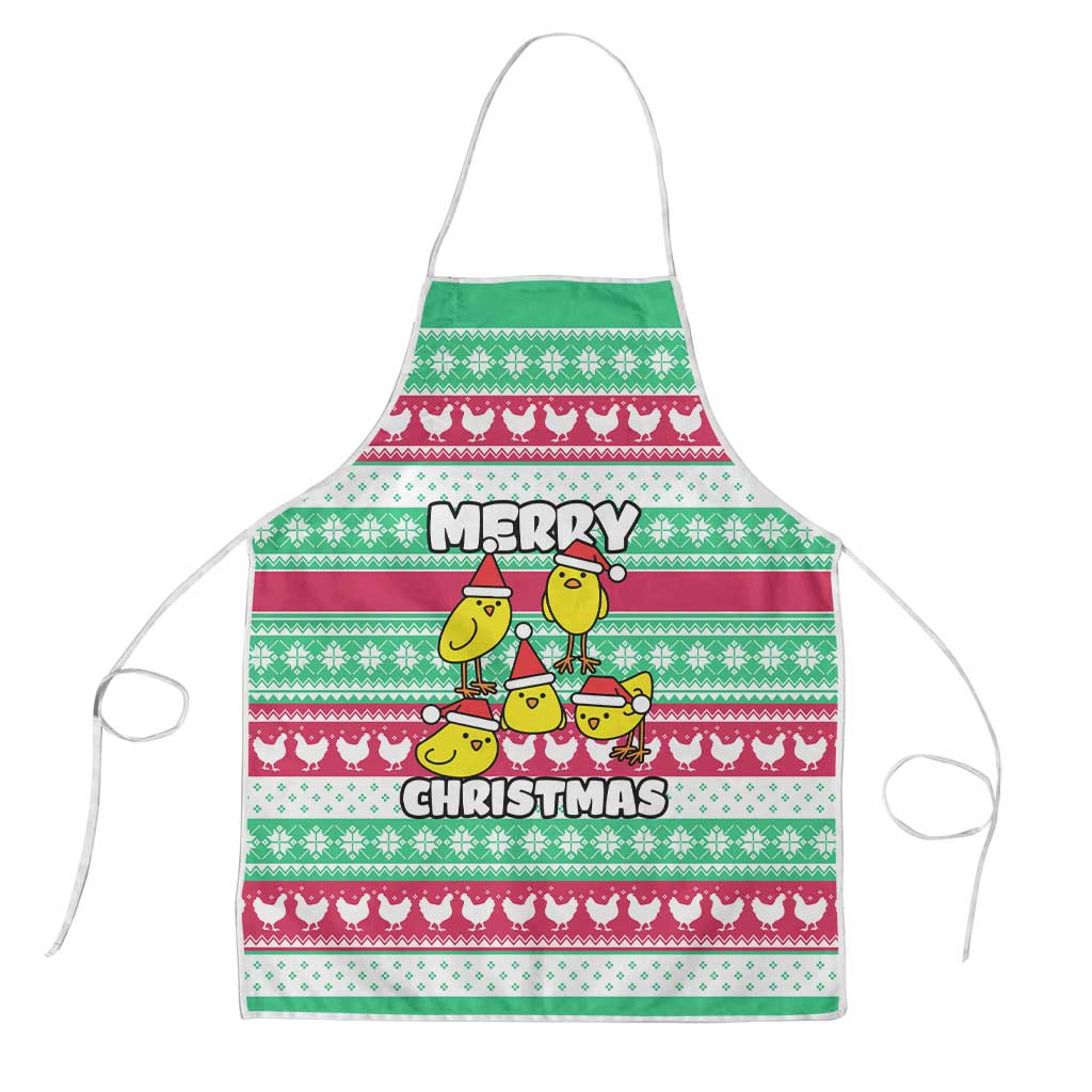 Merry Chickmas Christmas Apron with Yellow Cartoon Birds in Santa Hats and Red Green Snowflake Pattern - Wonder Print Shop