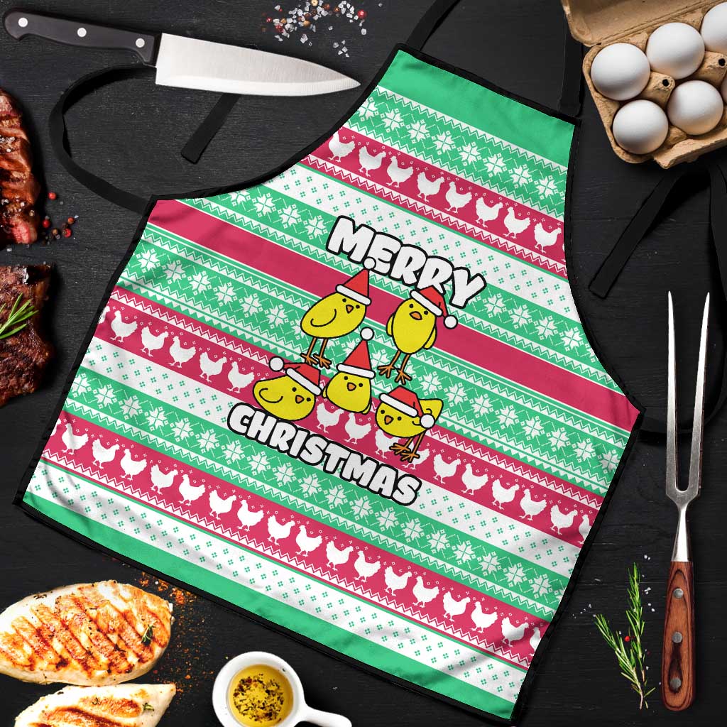 Merry Chickmas Christmas Apron with Yellow Cartoon Birds in Santa Hats and Red Green Snowflake Pattern - Wonder Print Shop