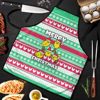 Merry Chickmas Christmas Apron with Yellow Cartoon Birds in Santa Hats and Red Green Snowflake Pattern - Wonder Print Shop