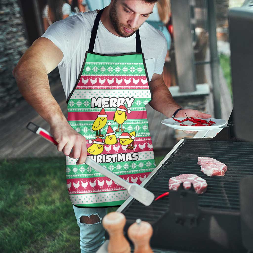 Merry Chickmas Christmas Apron with Yellow Cartoon Birds in Santa Hats and Red Green Snowflake Pattern - Wonder Print Shop