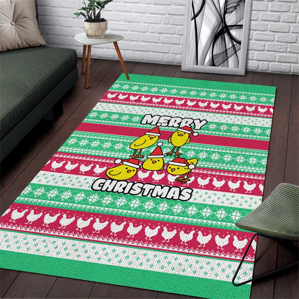 Merry Chickmas Christmas Area Rug with Yellow Cartoon Birds in Santa Hats and Red Green Snowflake Pattern - Wonder Print Shop
