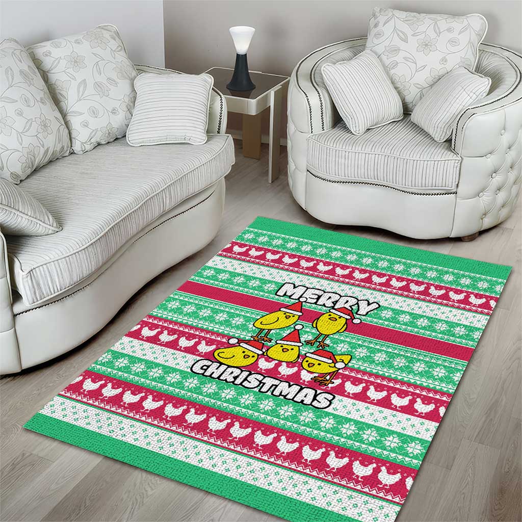 Merry Chickmas Christmas Area Rug with Yellow Cartoon Birds in Santa Hats and Red Green Snowflake Pattern - Wonder Print Shop