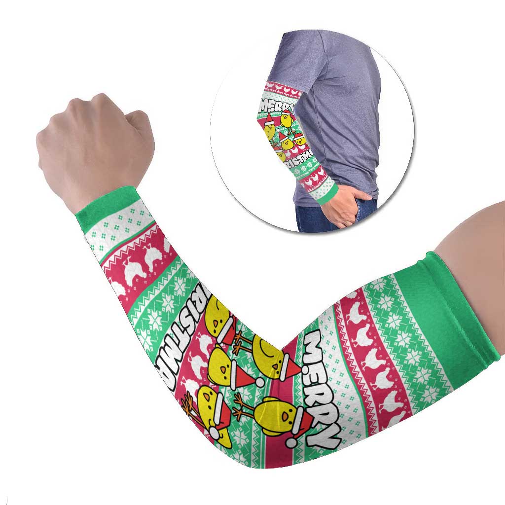 Merry Chickmas Christmas Arm Sleeves with Yellow Cartoon Birds in Santa Hats and Red Green Snowflake Pattern - Wonder Print Shop