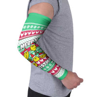 Merry Chickmas Christmas Arm Sleeves with Yellow Cartoon Birds in Santa Hats and Red Green Snowflake Pattern - Wonder Print Shop