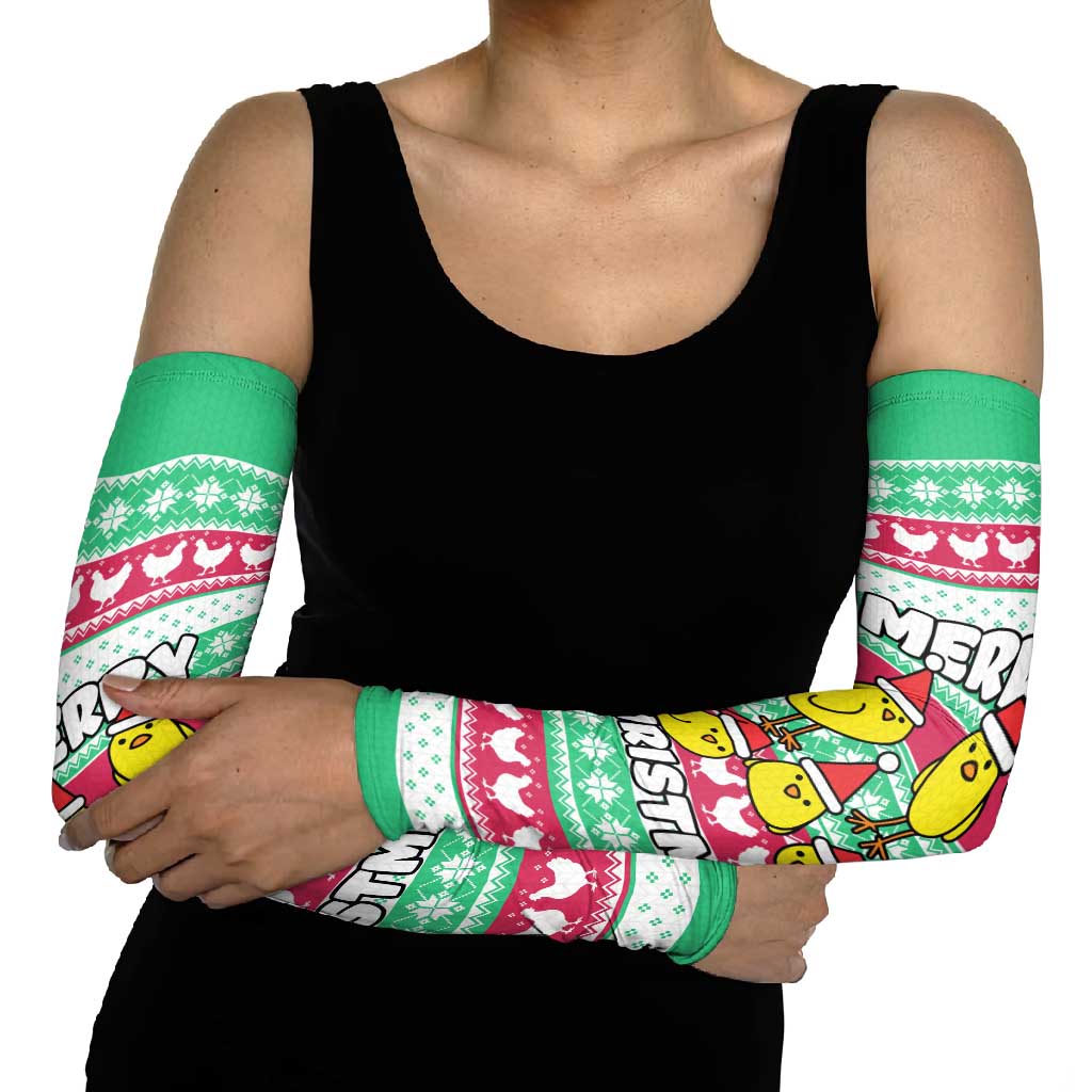 Merry Chickmas Christmas Arm Sleeves with Yellow Cartoon Birds in Santa Hats and Red Green Snowflake Pattern - Wonder Print Shop