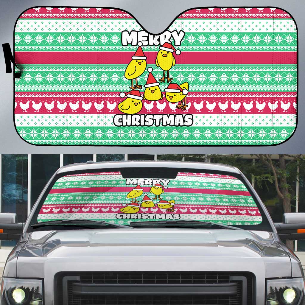 Merry Chickmas Christmas Auto Sun Shade with Yellow Cartoon Birds in Santa Hats and Red Green Snowflake Pattern - Wonder Print Shop