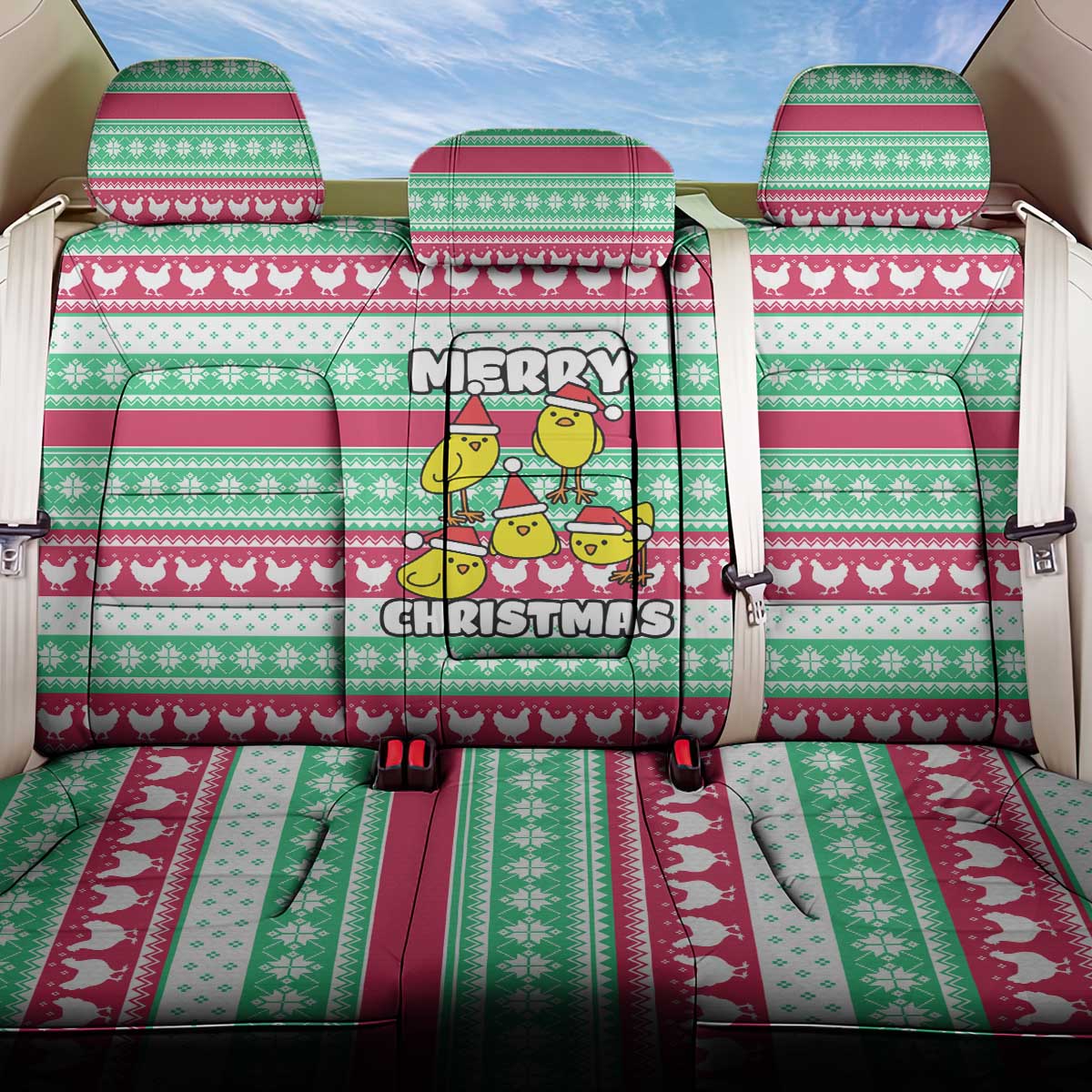 Merry Chickmas Christmas Back Car Seat Cover with Yellow Cartoon Birds in Santa Hats and Red Green Snowflake Pattern - Wonder Print Shop