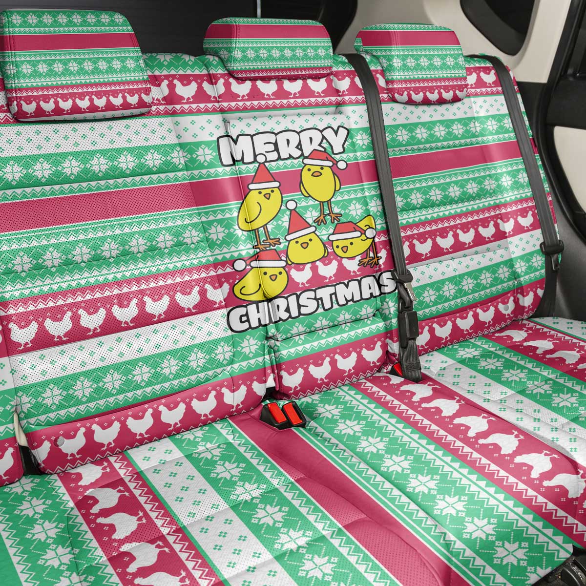 Merry Chickmas Christmas Back Car Seat Cover with Yellow Cartoon Birds in Santa Hats and Red Green Snowflake Pattern - Wonder Print Shop