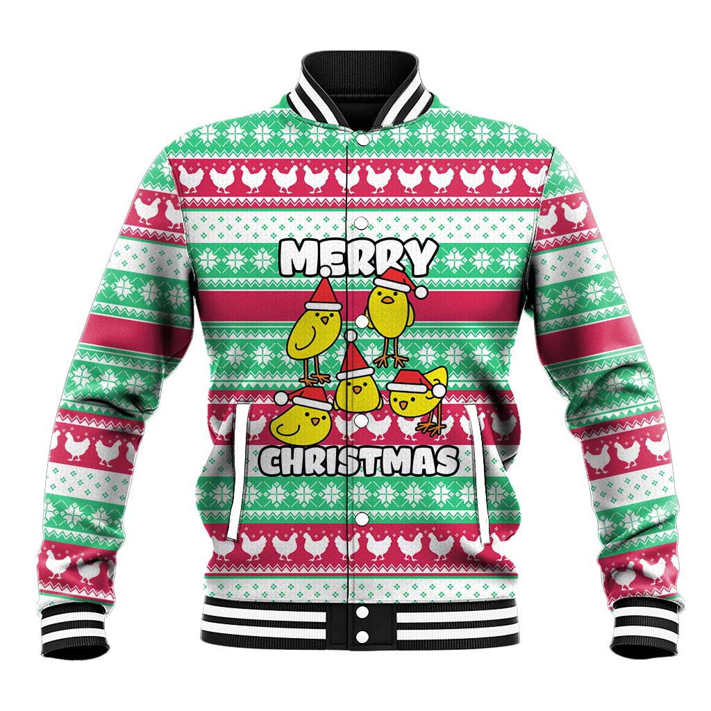Merry Chickmas Christmas Baseball Jacket with Yellow Cartoon Birds in Santa Hats and Red Green Snowflake Pattern - Wonder Print Shop