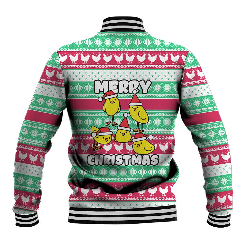 Merry Chickmas Christmas Baseball Jacket with Yellow Cartoon Birds in Santa Hats and Red Green Snowflake Pattern - Wonder Print Shop