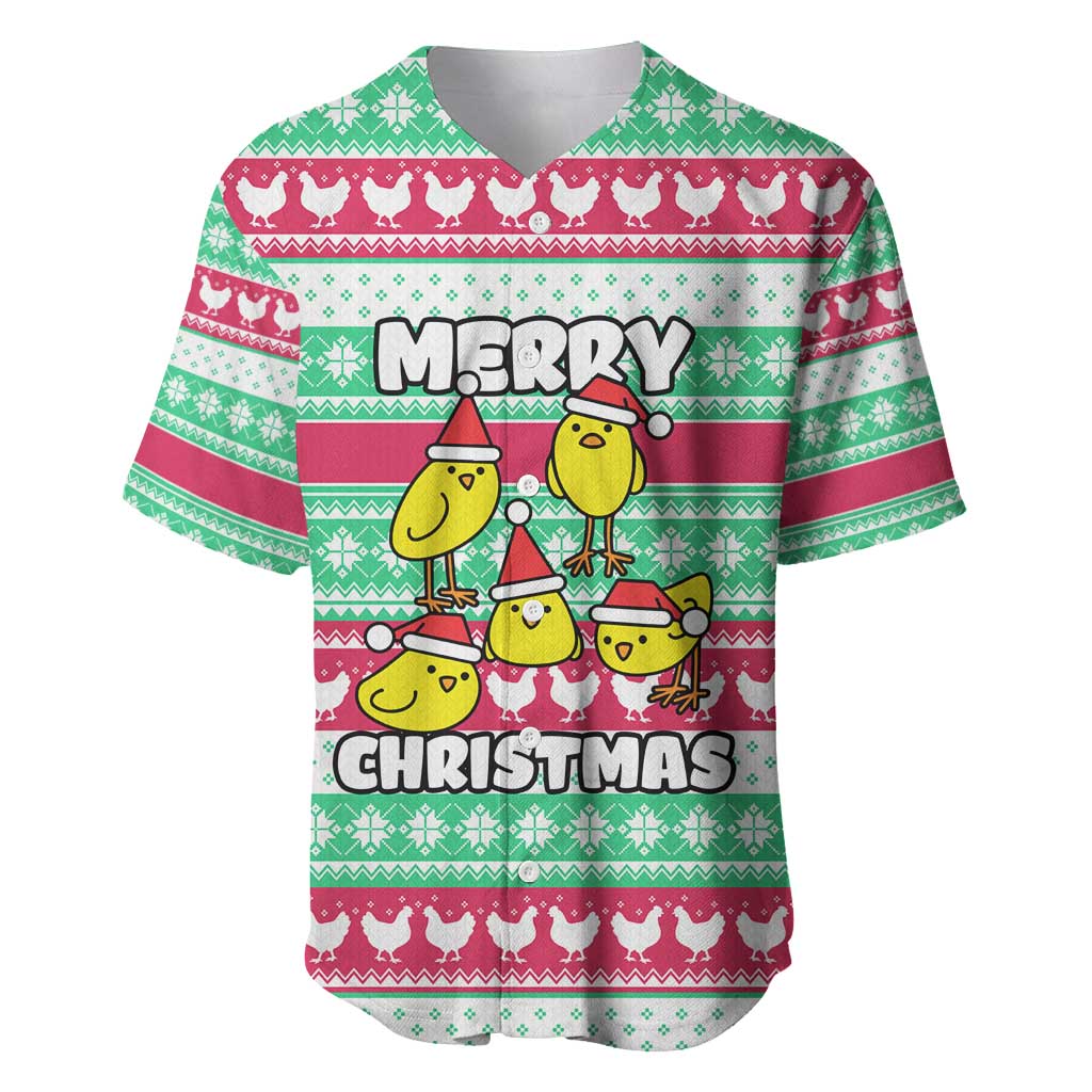 Merry Chickmas Christmas Baseball Jersey with Yellow Cartoon Birds in Santa Hats and Red Green Snowflake Pattern - Wonder Print Shop
