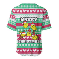 Merry Chickmas Christmas Baseball Jersey with Yellow Cartoon Birds in Santa Hats and Red Green Snowflake Pattern - Wonder Print Shop
