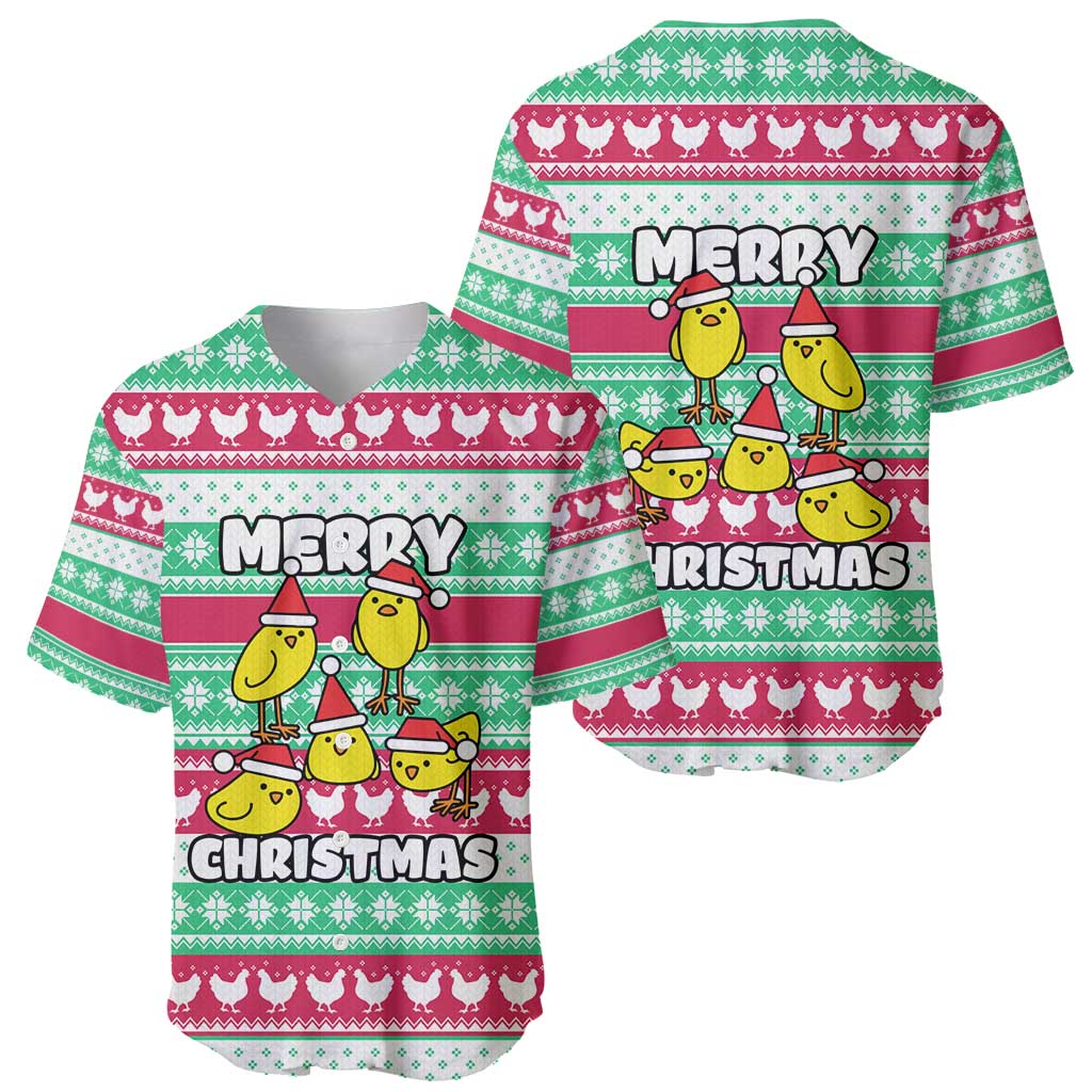 Merry Chickmas Christmas Baseball Jersey with Yellow Cartoon Birds in Santa Hats and Red Green Snowflake Pattern - Wonder Print Shop