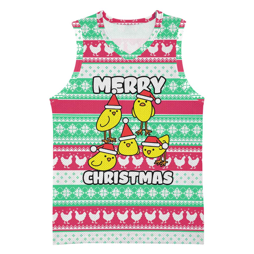 Merry Chickmas Christmas Basketball Jersey with Yellow Cartoon Birds in Santa Hats and Red Green Snowflake Pattern - Wonder Print Shop