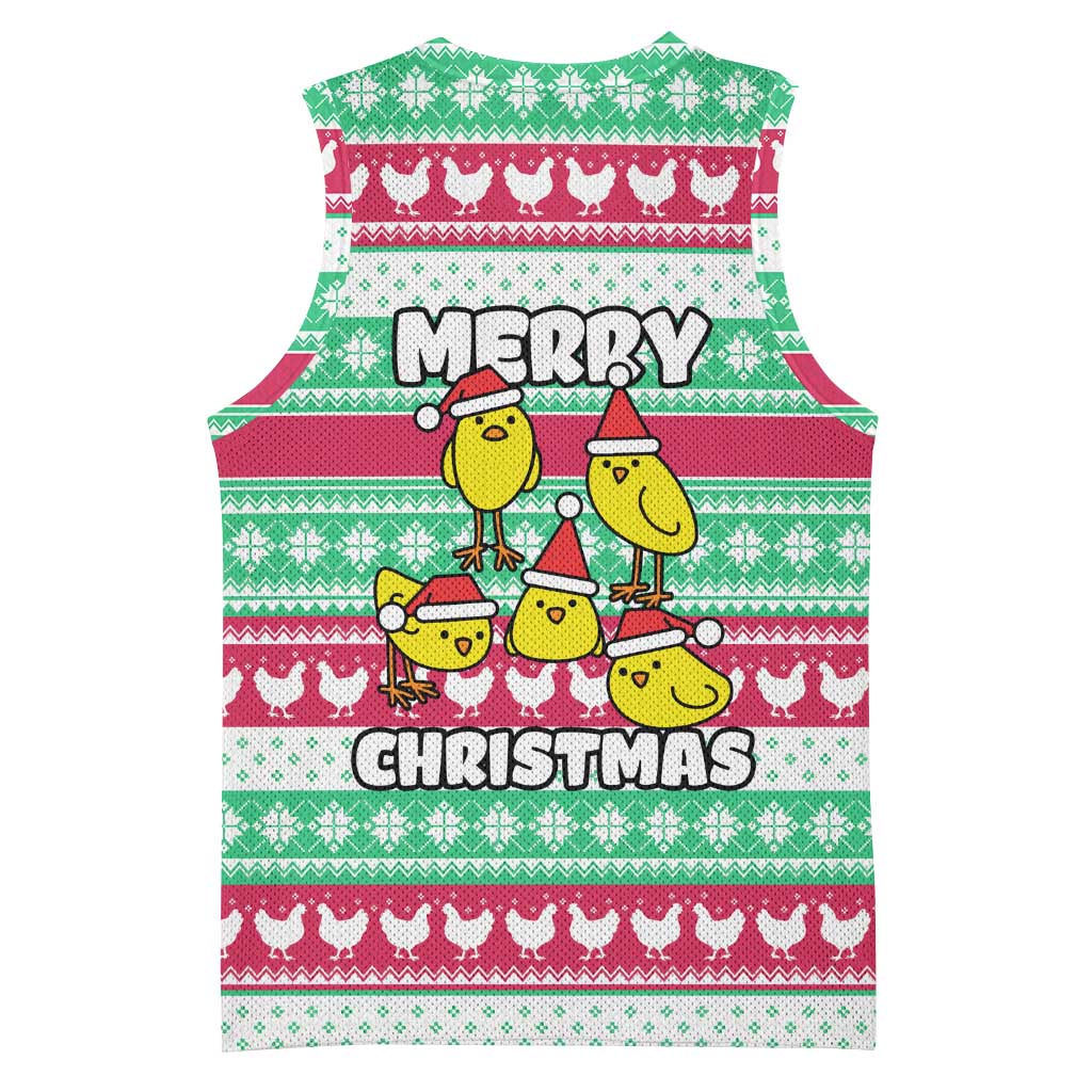 Merry Chickmas Christmas Basketball Jersey with Yellow Cartoon Birds in Santa Hats and Red Green Snowflake Pattern - Wonder Print Shop