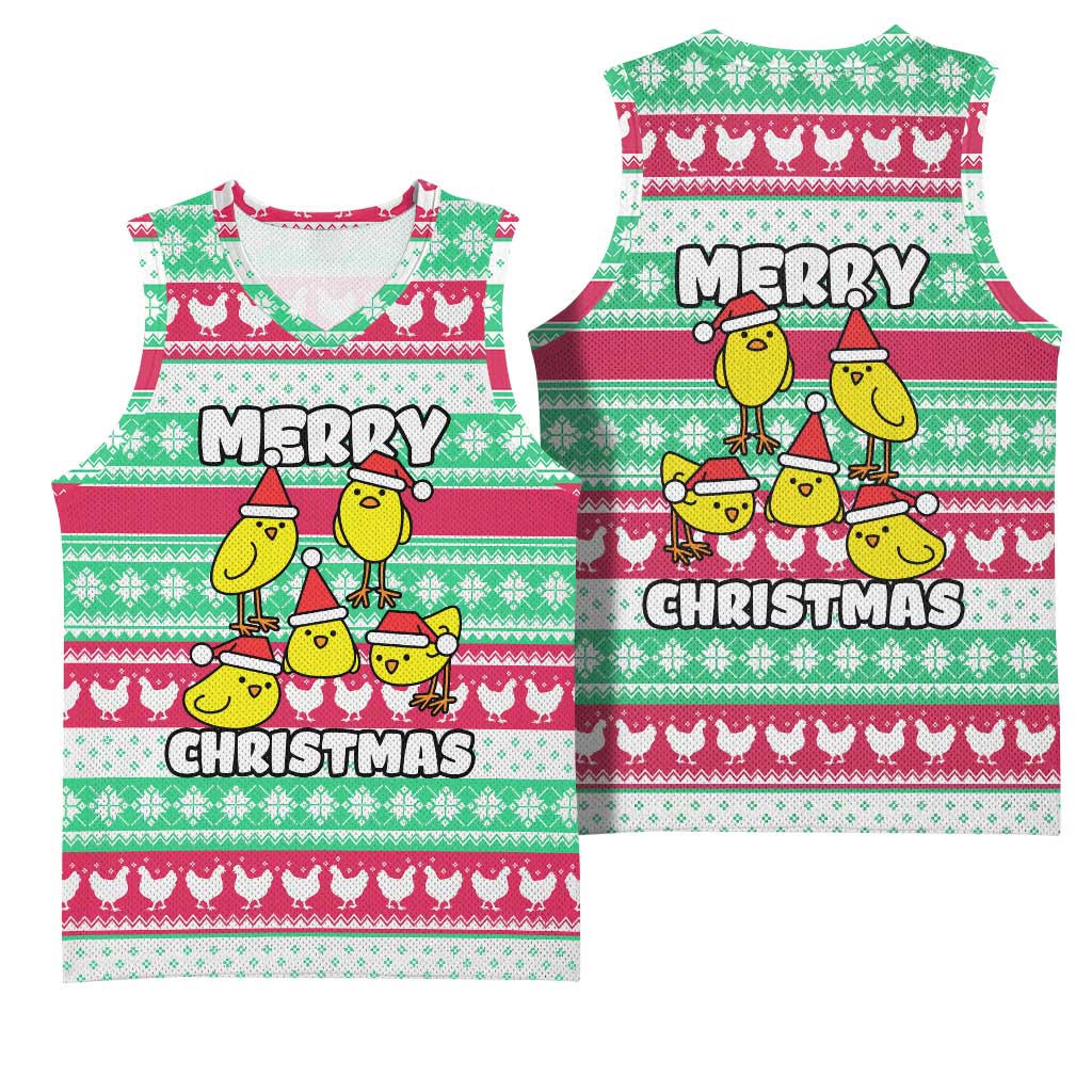 Merry Chickmas Christmas Basketball Jersey with Yellow Cartoon Birds in Santa Hats and Red Green Snowflake Pattern - Wonder Print Shop