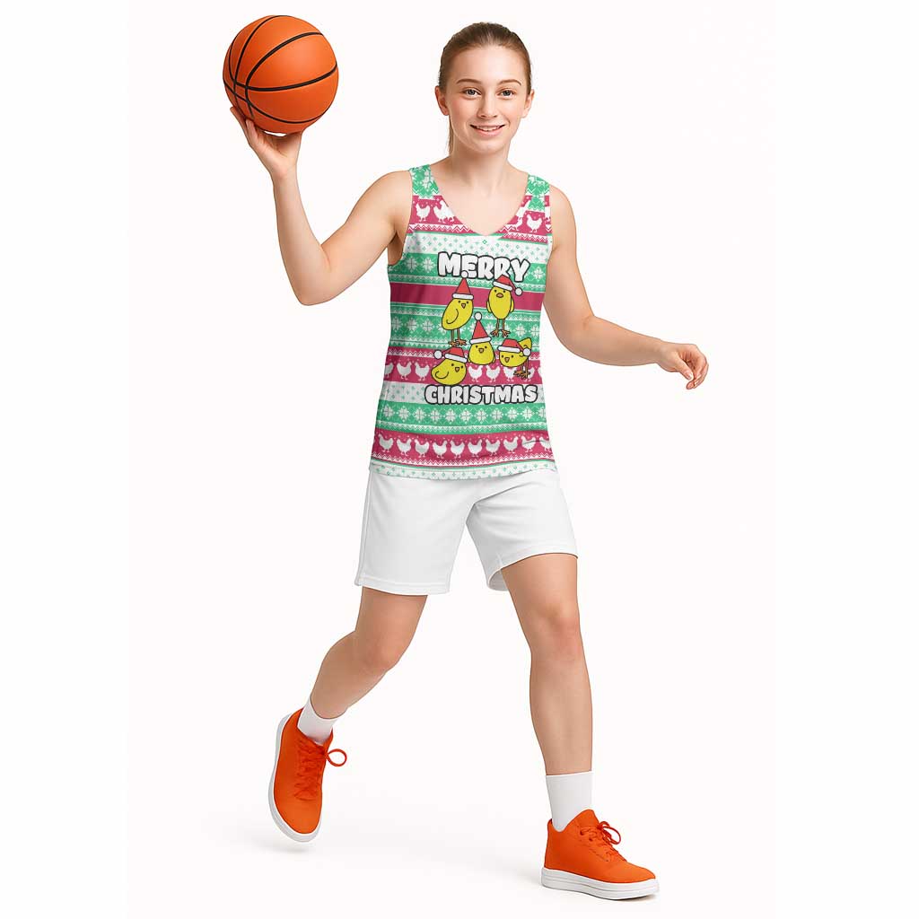 Merry Chickmas Christmas Basketball Jersey with Yellow Cartoon Birds in Santa Hats and Red Green Snowflake Pattern - Wonder Print Shop