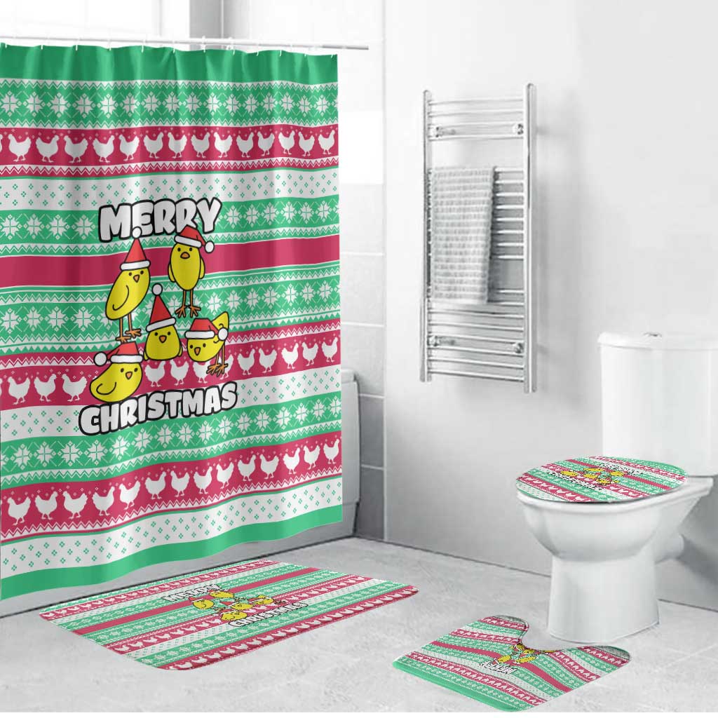 Merry Chickmas Christmas Bathroom Set with Yellow Cartoon Birds in Santa Hats and Red Green Snowflake Pattern - Wonder Print Shop