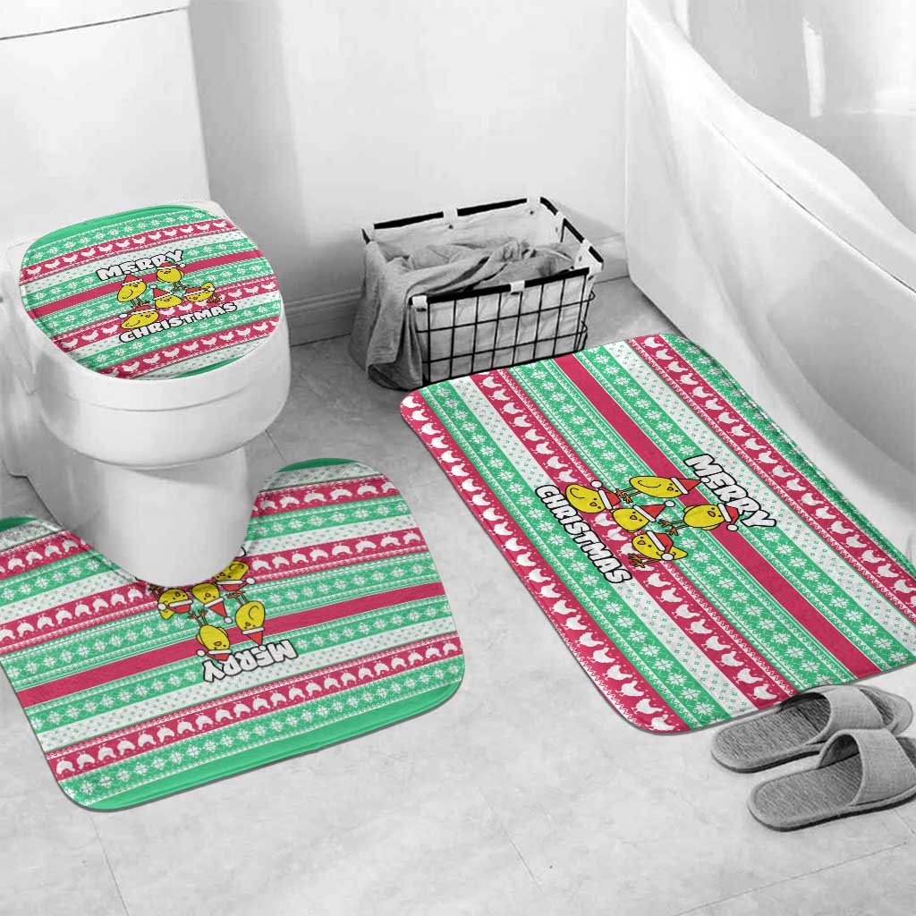 Merry Chickmas Christmas Bathroom Set with Yellow Cartoon Birds in Santa Hats and Red Green Snowflake Pattern - Wonder Print Shop