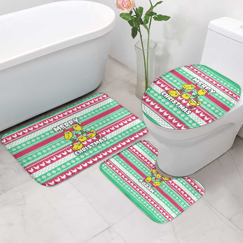 Merry Chickmas Christmas Bathroom Set with Yellow Cartoon Birds in Santa Hats and Red Green Snowflake Pattern - Wonder Print Shop