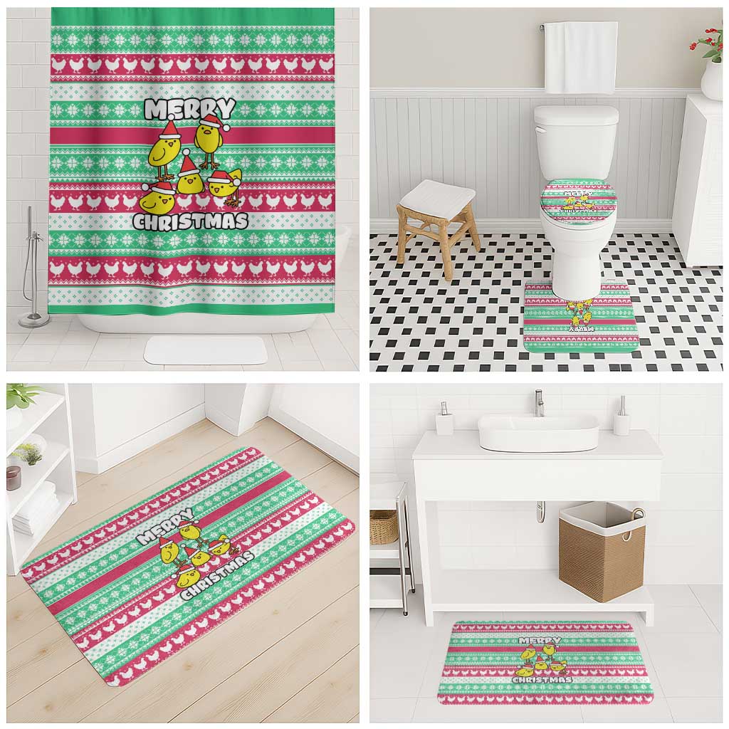 Merry Chickmas Christmas Bathroom Set with Yellow Cartoon Birds in Santa Hats and Red Green Snowflake Pattern - Wonder Print Shop