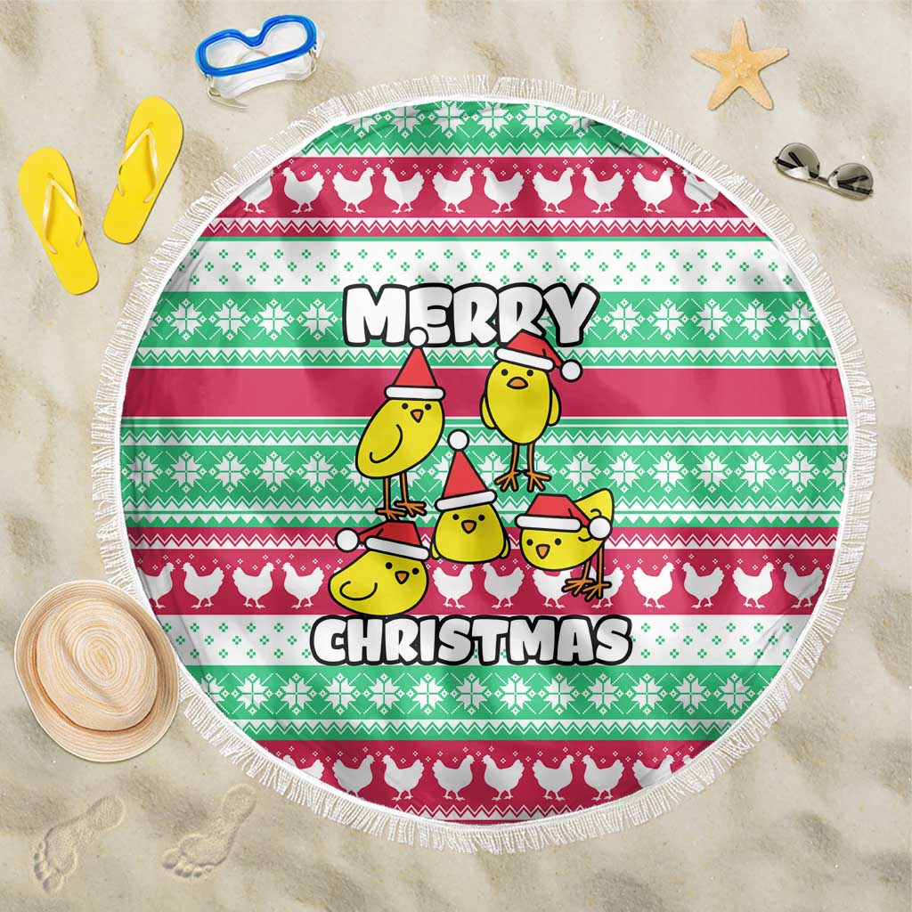 Merry Chickmas Christmas Beach Blanket with Yellow Cartoon Birds in Santa Hats and Red Green Snowflake Pattern - Wonder Print Shop