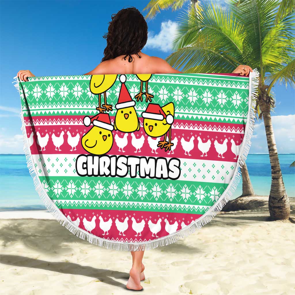 Merry Chickmas Christmas Beach Blanket with Yellow Cartoon Birds in Santa Hats and Red Green Snowflake Pattern - Wonder Print Shop