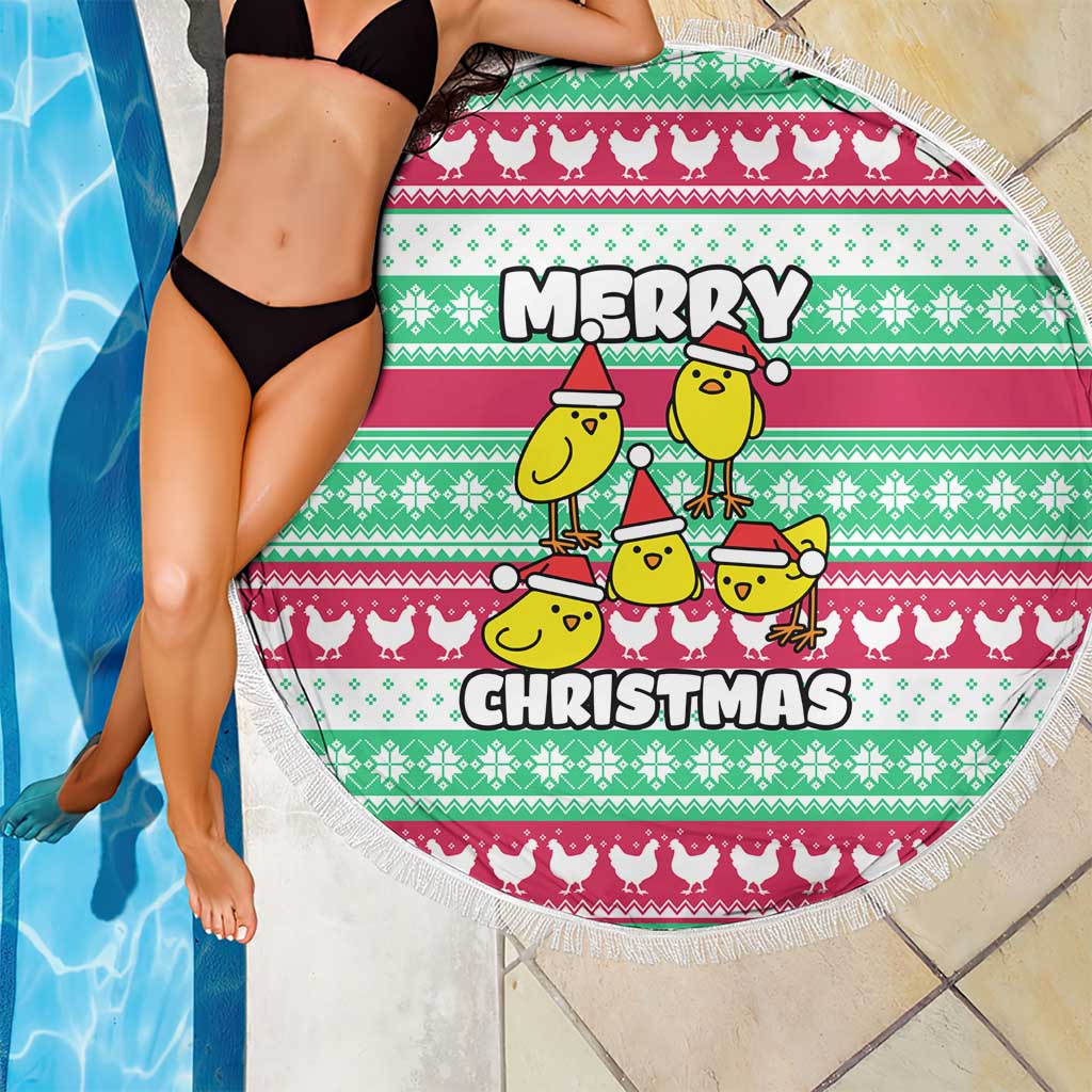 Merry Chickmas Christmas Beach Blanket with Yellow Cartoon Birds in Santa Hats and Red Green Snowflake Pattern - Wonder Print Shop