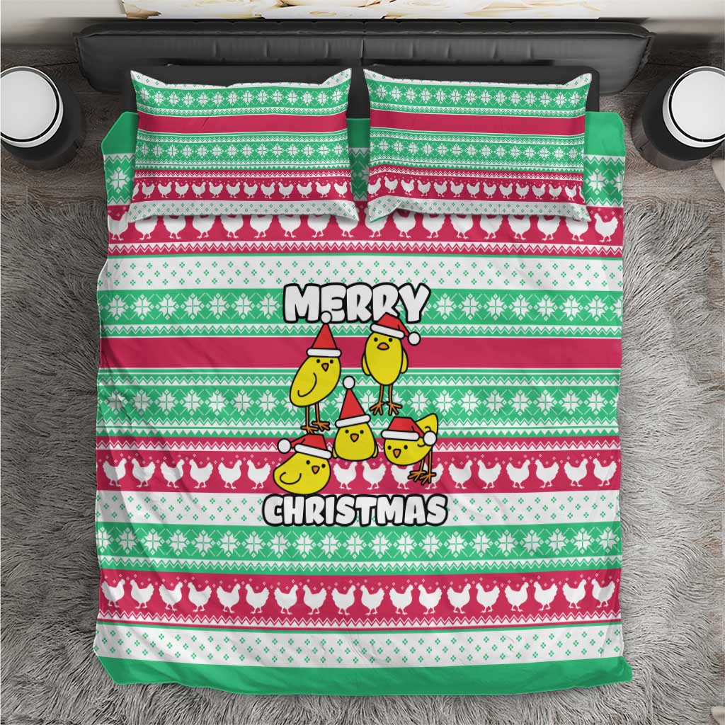Merry Chickmas Christmas Bedding Set with Yellow Cartoon Birds in Santa Hats and Red Green Snowflake Pattern - Wonder Print Shop