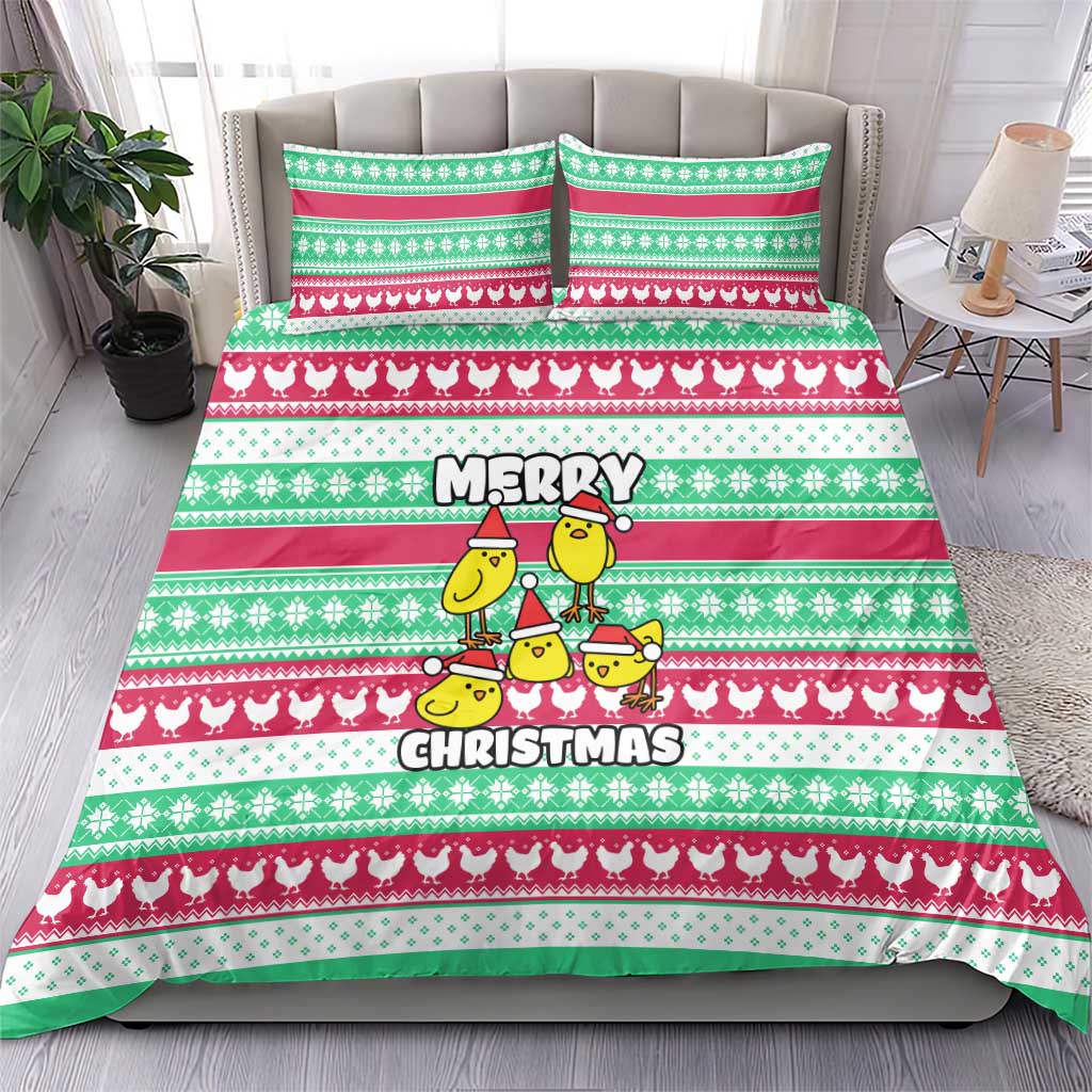 Merry Chickmas Christmas Bedding Set with Yellow Cartoon Birds in Santa Hats and Red Green Snowflake Pattern - Wonder Print Shop