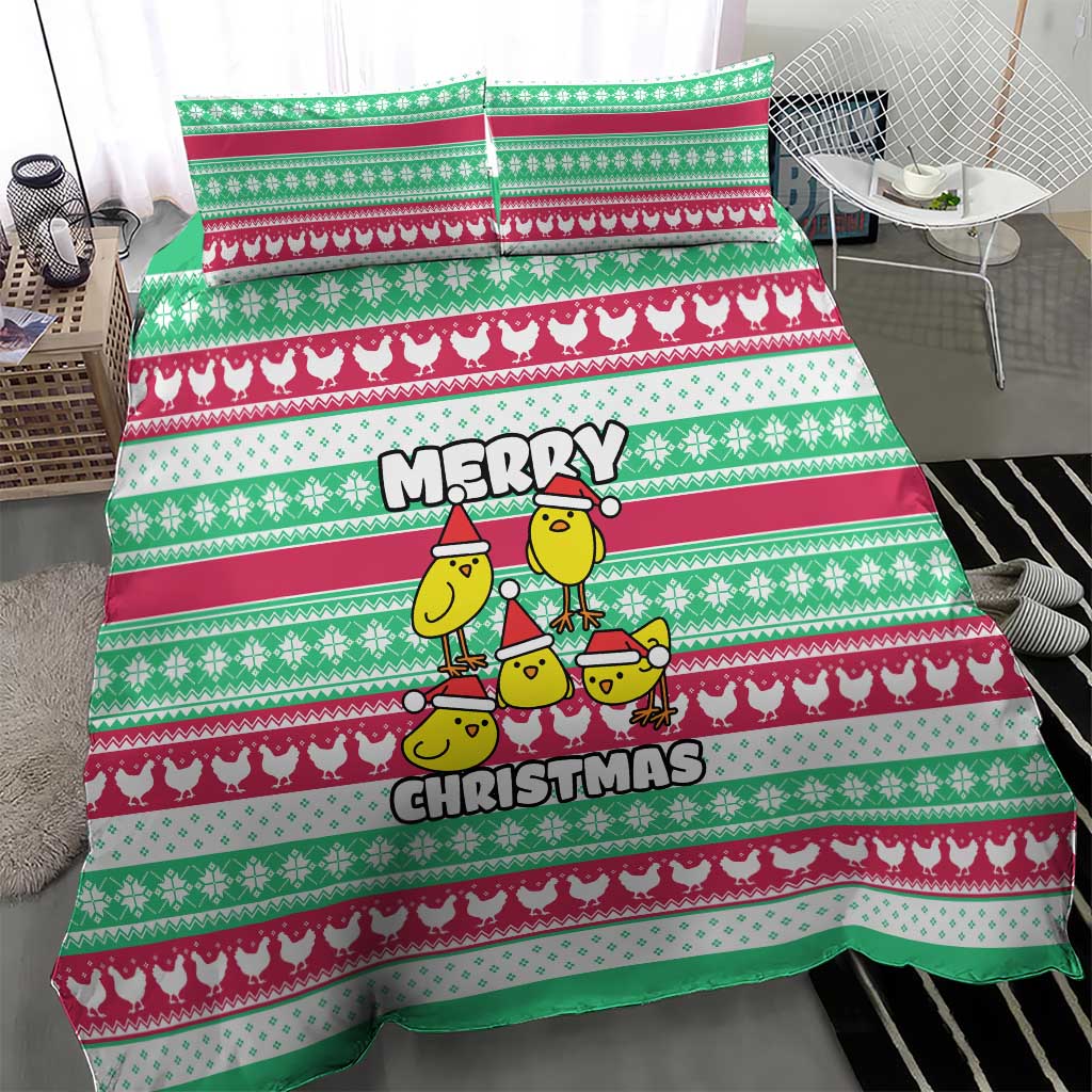 Merry Chickmas Christmas Bedding Set with Yellow Cartoon Birds in Santa Hats and Red Green Snowflake Pattern - Wonder Print Shop