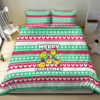 Merry Chickmas Christmas Bedding Set with Yellow Cartoon Birds in Santa Hats and Red Green Snowflake Pattern - Wonder Print Shop