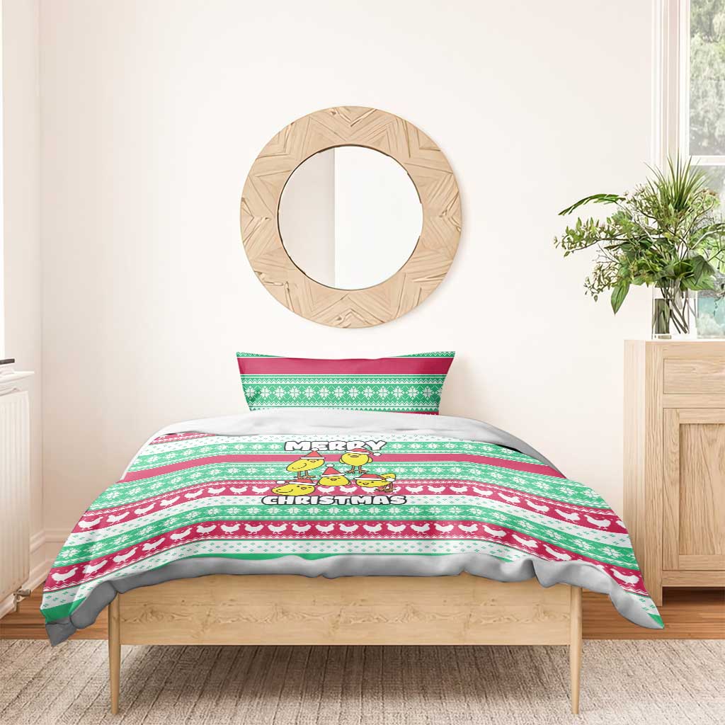 Merry Chickmas Christmas Bedding Set with Yellow Cartoon Birds in Santa Hats and Red Green Snowflake Pattern - Wonder Print Shop