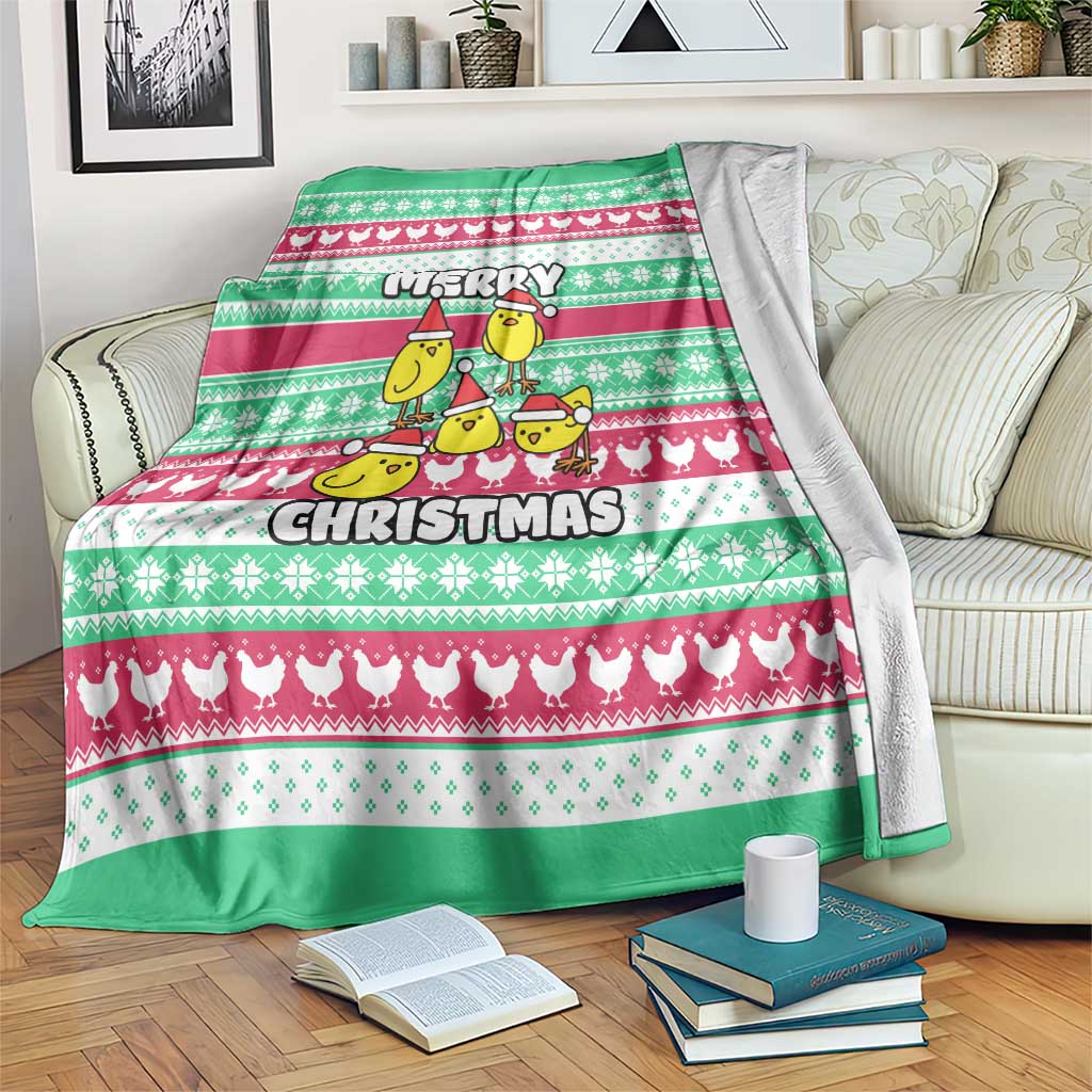 Merry Chickmas Christmas Blanket with Yellow Cartoon Birds in Santa Hats and Red Green Snowflake Pattern - Wonder Print Shop