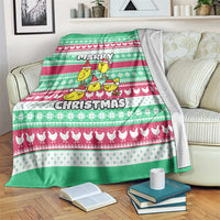Merry Chickmas Christmas Blanket with Yellow Cartoon Birds in Santa Hats and Red Green Snowflake Pattern - Wonder Print Shop
