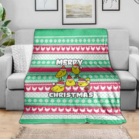 Merry Chickmas Christmas Blanket with Yellow Cartoon Birds in Santa Hats and Red Green Snowflake Pattern - Wonder Print Shop