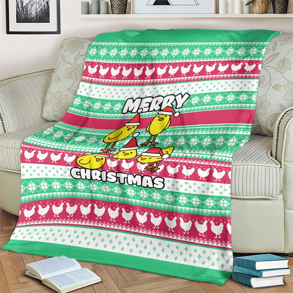 Merry Chickmas Christmas Blanket with Yellow Cartoon Birds in Santa Hats and Red Green Snowflake Pattern - Wonder Print Shop