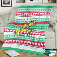 Merry Chickmas Christmas Blanket with Yellow Cartoon Birds in Santa Hats and Red Green Snowflake Pattern - Wonder Print Shop